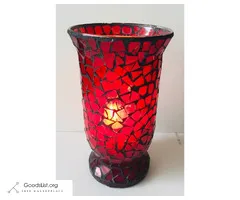 RED MOSAIC HURRICANE VASE/CANDLE HOLDER, 9.75" HX5.5"D RED