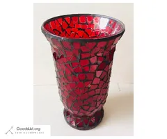 RED MOSAIC HURRICANE VASE/CANDLE HOLDER, 9.75" HX5.5"D RED